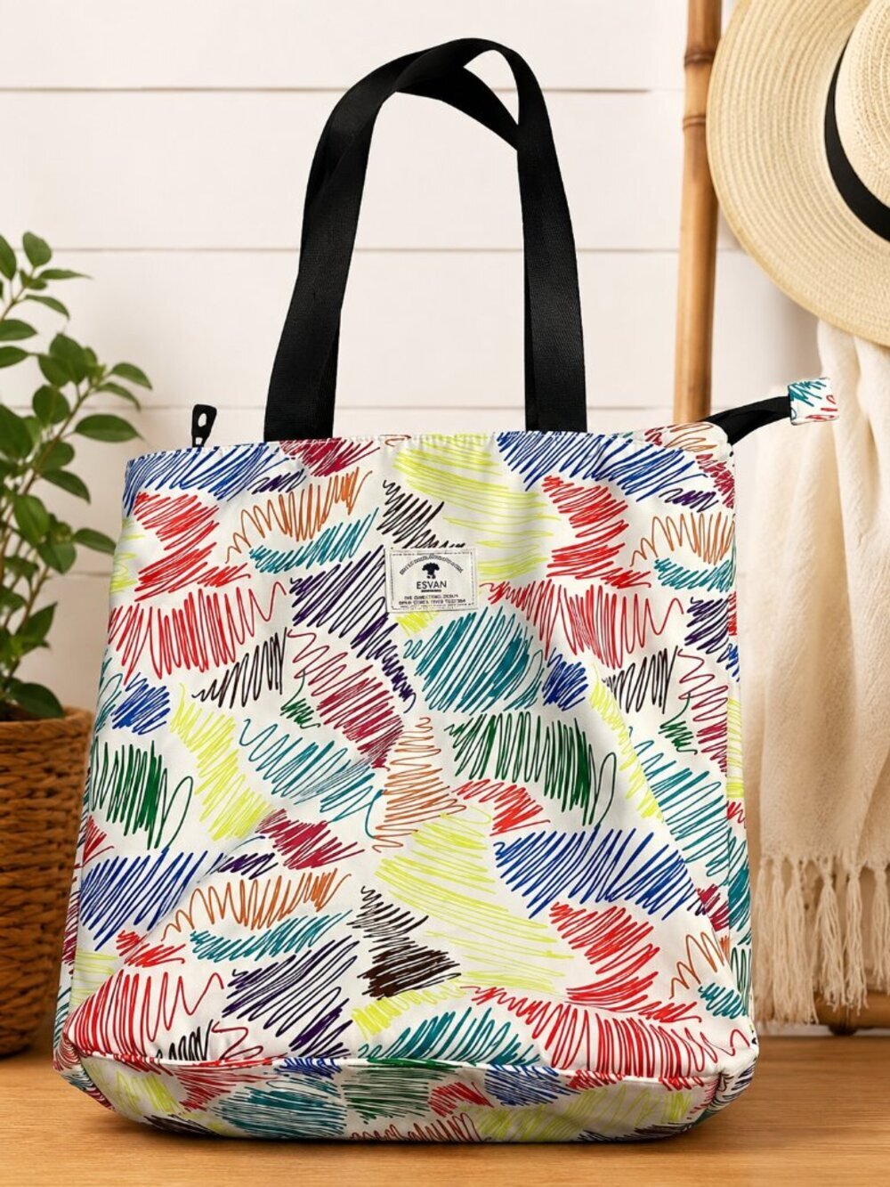 ESVAN Abstract Scribble Print Tote Bag Large Zip Top Travel Beach Carryall